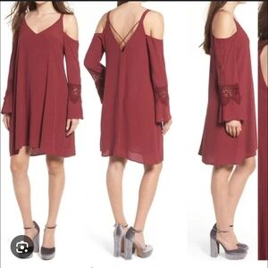 ASTR Burgundy Cold Shoulder Shift Dress